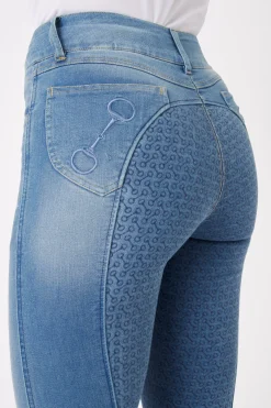 Horze Kaia denim-ridebukser, høyt liv og helforsterket med silikon, dame